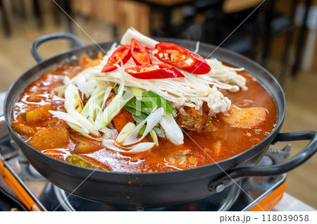 Korean spicy seafood dishes. Braised Cutlassfish Korean spicy seafood dishes. Braised Cutlassfish 118039058