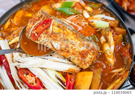 Korean spicy seafood dishes. Braised Cutlassfish Korean spicy seafood dishes. Braised Cutlassfish 118039065