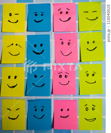 conceptual image composed of post-its of urban tribes living together in an orderly fashion. 118040028