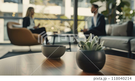 Close-up of potted plants on a table in a modern office lounge with blurred people having a conversation in the background. 118040214