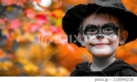 Little boy in bats costume going to celebrate Halloween, with black and white face makeup against autumn forest background. 118040216