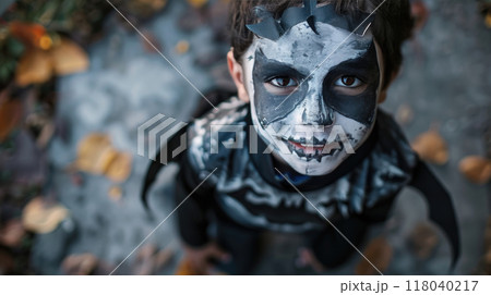 Little boy in bats costume going to celebrate Halloween, with black and white face makeup against autumn forest background. 118040217