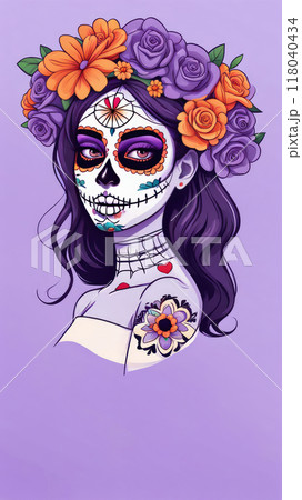 Day of the Dead makeup with floral crown on woman. Day of the Dead makeup with floral crown on woman. 118040434