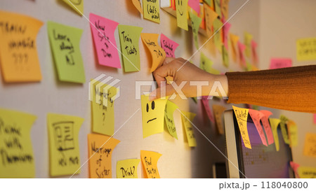 Close-up of hand of an overwhelmed woman adding vibrant sticky notes to a wall already filled with reminders Close-up of hand of an overwhelmed woman adding vibrant sticky notes to a wall already filled with reminders 118040800