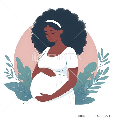 Plus size black woman pregnant, flat style, white background, isolated, pastel colors  118040904