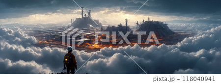 Panoramic painting of an engineer admiring a huge power plant in the distance, the building surrounded by clouds high in the mountains. Concept illustration  118040941