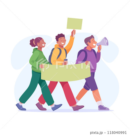 Good Company with Man and Woman Friend Participate in Demonstration with Banner Vector Illustration 118040991