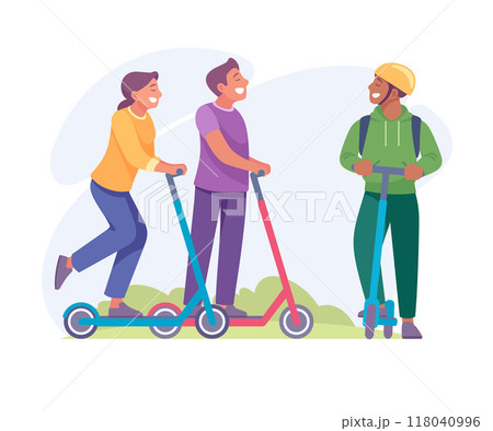 Good Company with Man and Woman Friend Ride Scooter Vector Illustration 118040996