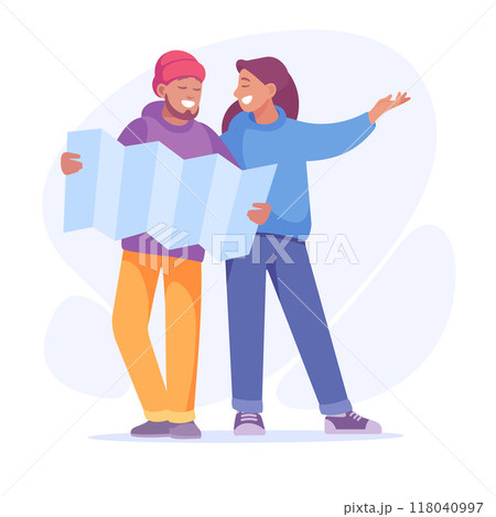 Good Company with Man and Woman Friend Examine Map Vector Illustration 118040997