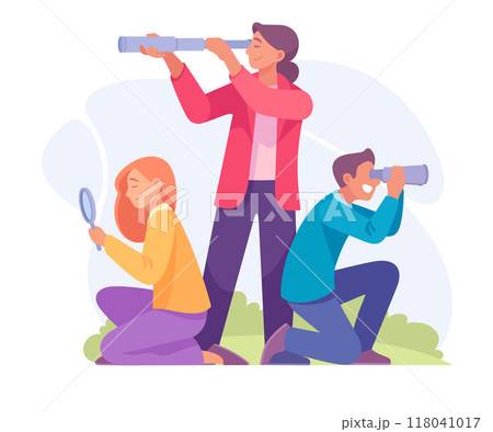Good Company with Man and Woman Look in Telescope and Magnifier Vector Illustration 118041017