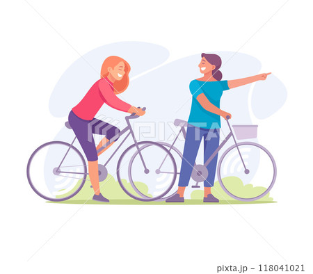 Good Company with Woman Friend Ride Bicycle Together Vector Illustration 118041021