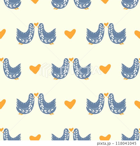 Folk ornamental bird and hearts seamless pattern. Suitable for printing on fabric and paper. Vector background 118041045