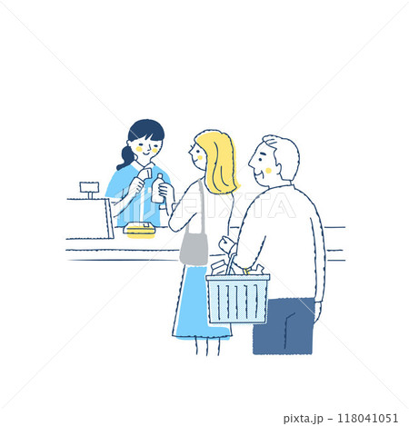 レジで会計をする店員と並んでいる客 レジで会計をする店員と並んでいる客 118041051