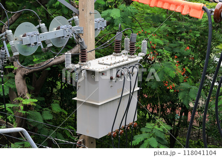AC high-voltage power transformer, Electrical Transformer and High voltage power lines. 118041104