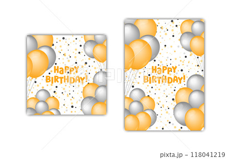 Happy Birthday greeting cards set of 2 designs. Vector illustration. Bday square and vertical greeting card templates. Helium balloons golden and silver colored and text. Fun celebration postcards Happy Birthday greeting cards set of 2 designs. Vector illustration. Bday square and vertical greeting card templates. Helium balloons golden and silver colored and text. Fun celebration postcards 118041219