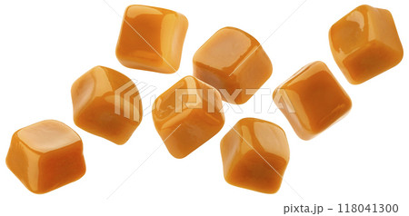 Flying caramel candies, toffee bonbons isolated on white background with clipping path 118041300