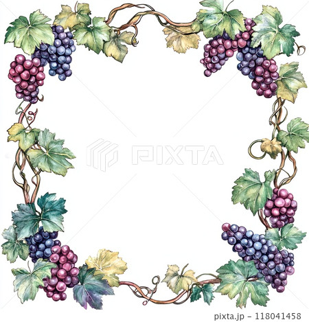 A vibrant illustration showcases curlicue grapes in shades of purple and green, surrounded by leafy vines, perfect for decorative or artistic purposes. 118041458