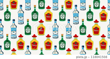 Vector seamless pattern with alcohol drinks. Bottles of tequila, ouzo, absinthe on light background Vector seamless pattern with alcohol drinks. Bottles of tequila, ouzo, absinthe on light background 118041508
