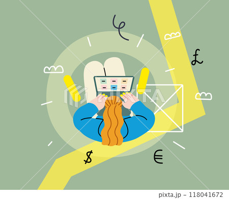 Creative workspace, modern flat vector concept illustration of a woman working sitting with a computer Remote work, flexibility, independence, efficiency, mobility, synergy, freedom 118041672