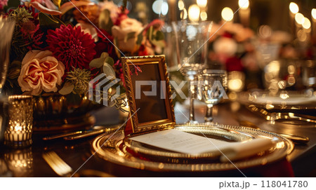 A lavish dining arrangement features a beautifully dressed table with floral centerpieces, flickering candlelight, and a personalized place setting, exuding warmth and elegance A lavish dining arrangement features a beautifully dressed table with floral centerpieces, flickering candlelight, and a personalized place setting, exuding warmth and elegance 118041780