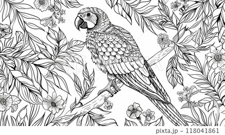 A detailed illustration depicts a parrot resting on a branch A detailed illustration depicts a parrot resting on a branch 118041861