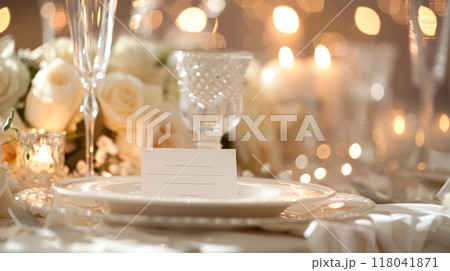 A sophisticated dinner setup featuring ornate tableware surrounded by flickering candles A sophisticated dinner setup featuring ornate tableware surrounded by flickering candles 118041871