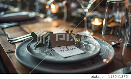 A meticulously arranged table features a textured plate, delicate place card, and fresh greenery 118041876