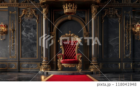 Throne in luxury royal room. Historic vintage king red chair. Retro golden interior of palace or museum. Classic elegant baroque armchair. Royalty seat 118041948