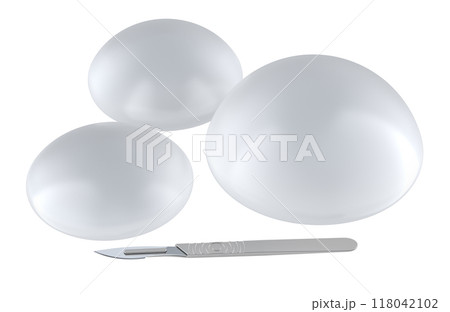 Silicone breast implants with surgical scalpel,  3D rendering 118042102