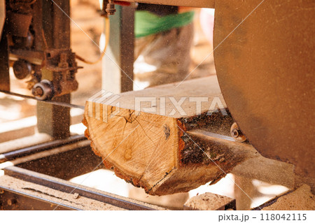 Close-up of sawing logs with a band saw at a sawmill 118042115