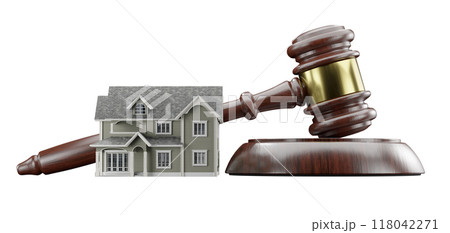 Miniature Model House and Gavel Isolated on a White Background. 118042271