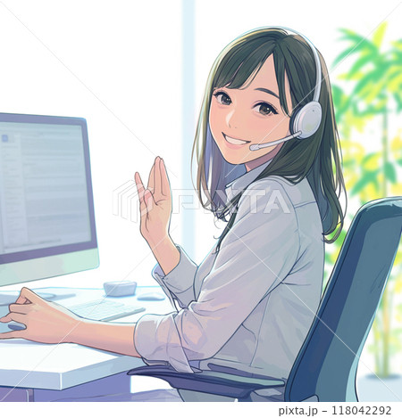 振り向いてカメラ目線のオペレータ女性_2 振り向いてカメラ目線のオペレータ女性_2 118042292