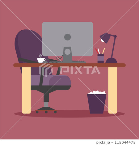 Modern workspace with computer desk and chair Vector 118044478
