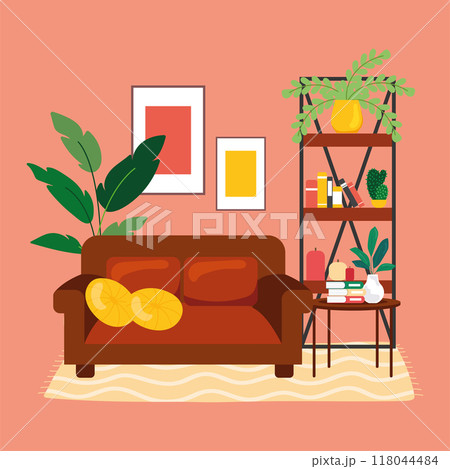 Cozy living room with sofa and colorful cushions Vector 118044484