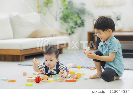 ハイハイする赤ちゃん と遊ぶ4歳のお兄ちゃん 118044584