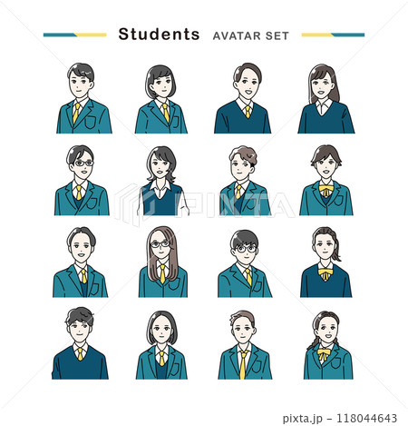 制服を着た笑顔の学生のアバターセット 制服を着た笑顔の学生のアバターセット 118044643