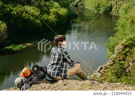 Serene woman enjoying chill during trip Serene woman enjoying chill during trip 118044853