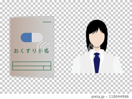 Medicine notebook and pharmacist 118044996