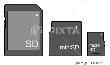 3種類のシンプルなSDカード、miniSDカード、microSDカードのイラスト 3種類のシンプルなSDカード、miniSDカード、microSDカードのイラスト 118045122