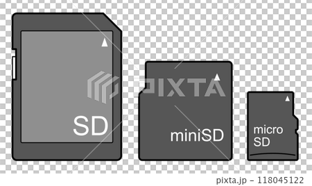 3種類のシンプルなSDカード、miniSDカード、microSDカードのイラスト 3種類のシンプルなSDカード、miniSDカード、microSDカードのイラスト 118045122