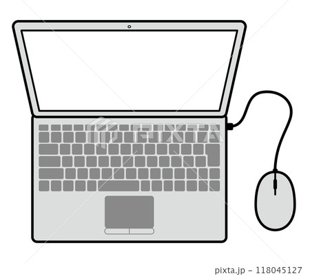 上から見た、シンプルなマウス付きの開いたノートパソコンのイラスト 上から見た、シンプルなマウス付きの開いたノートパソコンのイラスト 118045127