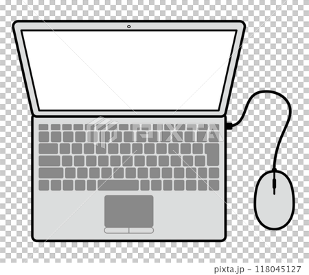 上から見た、シンプルなマウス付きの開いたノートパソコンのイラスト 上から見た、シンプルなマウス付きの開いたノートパソコンのイラスト 118045127