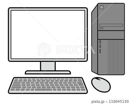 正面から見た、シンプルなキーボード付きのデスクトップパソコンのイラスト 正面から見た、シンプルなキーボード付きのデスクトップパソコンのイラスト 118045130