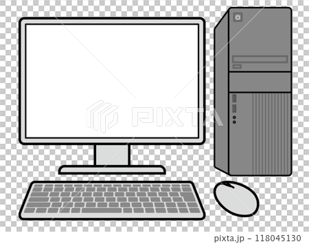 正面から見た、シンプルなキーボード付きのデスクトップパソコンのイラスト 正面から見た、シンプルなキーボード付きのデスクトップパソコンのイラスト 118045130