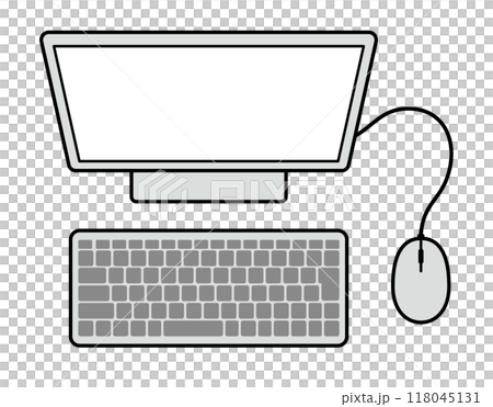 上から見た、シンプルなパソコンのイラスト モニターとキーボードとマウス 上から見た、シンプルなパソコンのイラスト モニターとキーボードとマウス 118045131