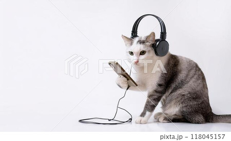 人のように座ってヘッドホンをしてスマホを操作する猫 118045157