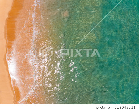 Beautiful sea beach and waves texture in sunny summer day background,Phuket Thailand,Top view beach 118045311