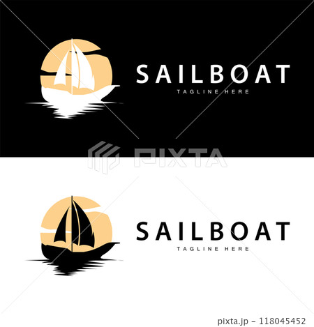 Simple fishing boat sailboat logo simple design black silhouette ship marine illustration template 118045452