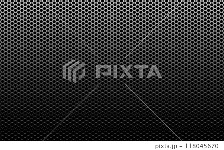 Perforated metal texture. Dark carbon background. Black steel with light effect. Futuristic surface with holes. Modern industrial design for poster or banner. Vector illustration Perforated metal texture. Dark carbon background. Black steel with light effect. Futuristic surface with holes. Modern industrial design for poster or banner. Vector illustration 118045670