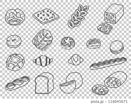 A set of line drawings of various breads A set of line drawings of various breads 118045671